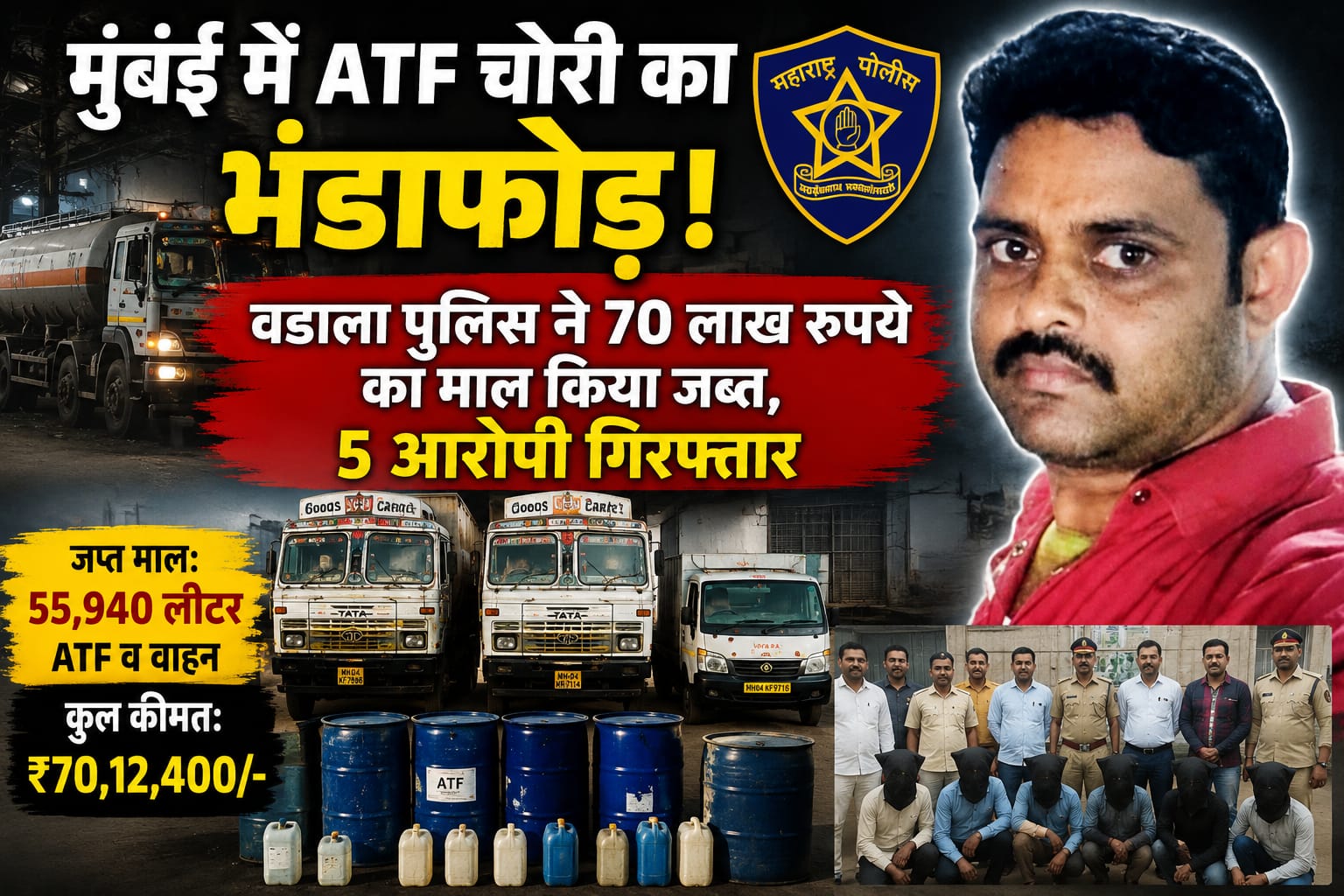 मुंबई में ATF चोरी का भंडाफोड़, वडाला पुलिस ने 70 लाख रुपये का माल किया जब्त, 5 आरोपी गिरफ्तार