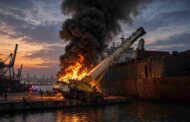 Mumbai Port Crane Fire - मुंबई पोर्ट पर अनियंत्रित होकर पलटी भारी क्रेन भीषण आग लगने से आसमान में उठा काले धुएं का गुबार