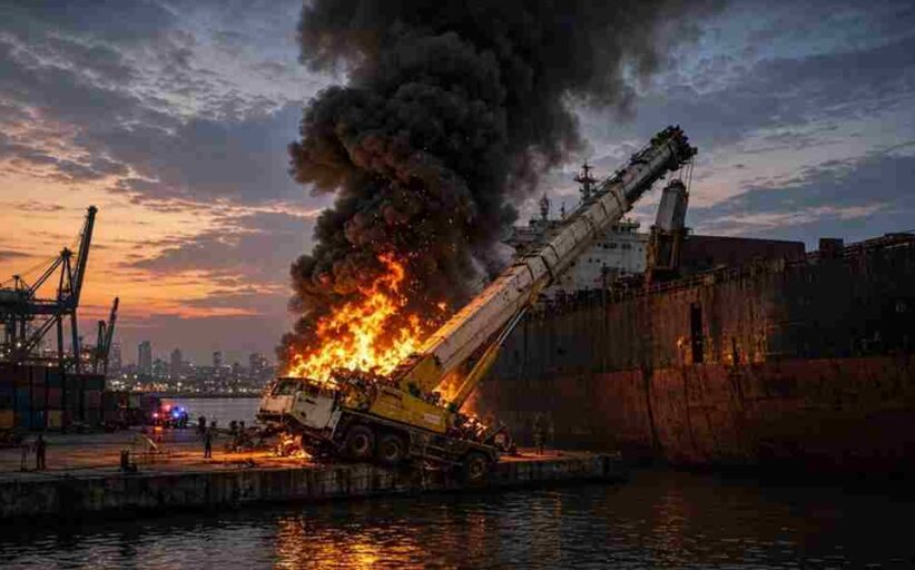 Mumbai Port Crane Fire - मुंबई पोर्ट पर अनियंत्रित होकर पलटी भारी क्रेन भीषण आग लगने से आसमान में उठा काले धुएं का गुबार