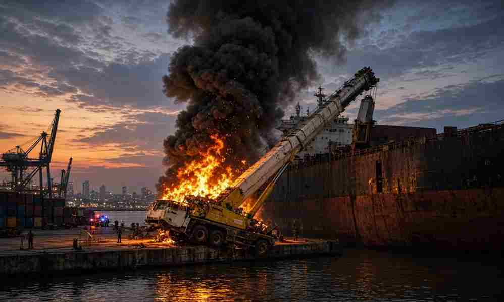 Mumbai Port Crane Fire - मुंबई पोर्ट पर अनियंत्रित होकर पलटी भारी क्रेन भीषण आग लगने से आसमान में उठा काले धुएं का गुबार