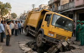 Nallasopara Garbage Truck Drain Accident -  नालासोपारा में ड्रेनेज का ढक्कन टूटने से फंसा नगर निगम का कचरा ट्रक घटिया निर्माण और असुरक्षित सड़कों पर उठे सवाल