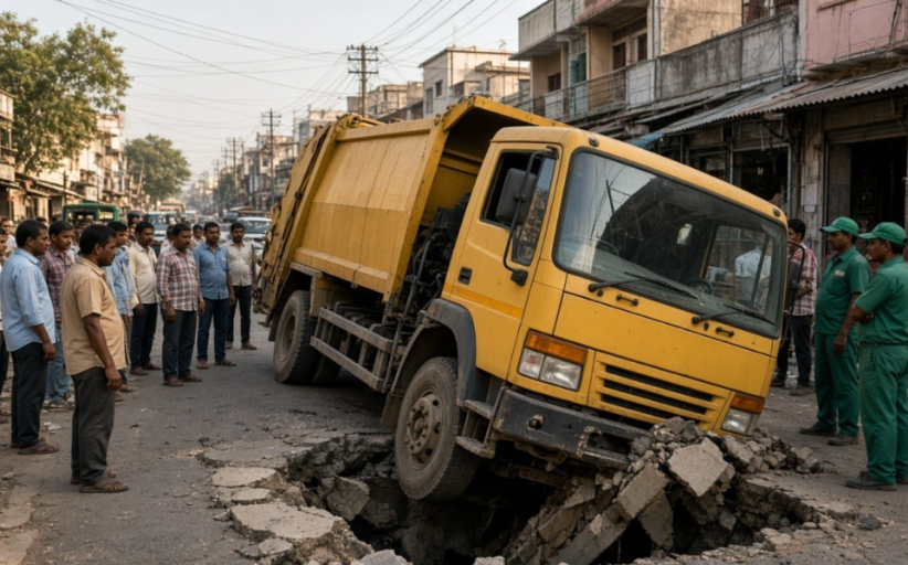 Nallasopara Garbage Truck Drain Accident -  नालासोपारा में ड्रेनेज का ढक्कन टूटने से फंसा नगर निगम का कचरा ट्रक घटिया निर्माण और असुरक्षित सड़कों पर उठे सवाल