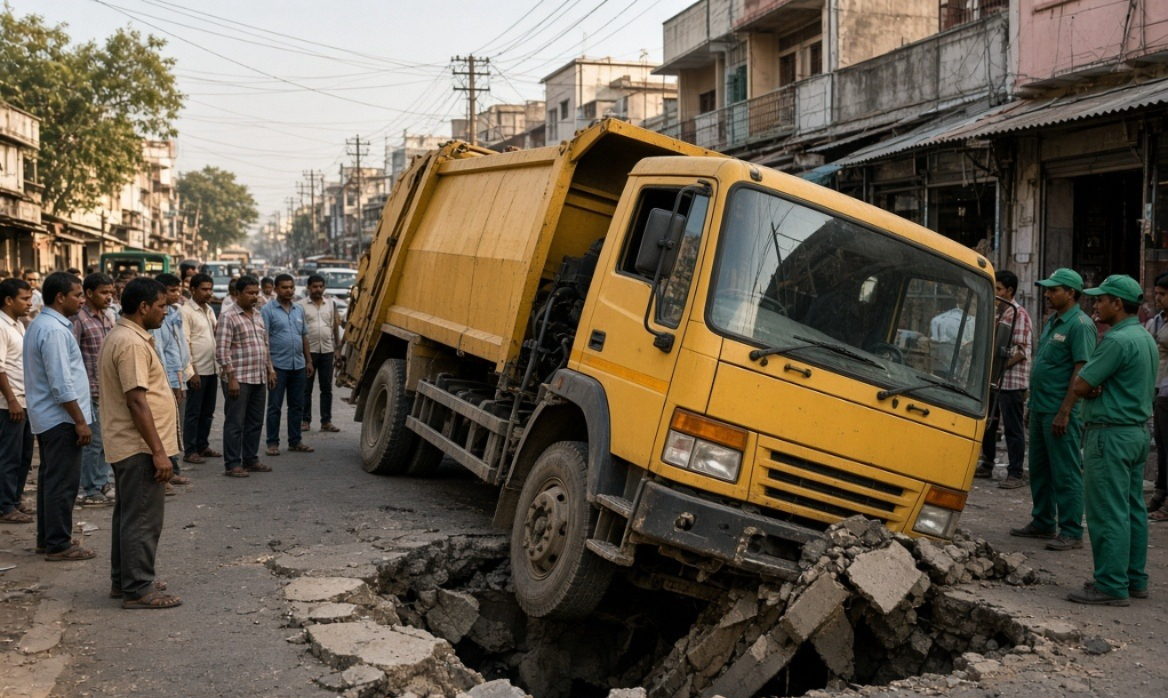 Nallasopara Garbage Truck Drain Accident -  नालासोपारा में ड्रेनेज का ढक्कन टूटने से फंसा नगर निगम का कचरा ट्रक घटिया निर्माण और असुरक्षित सड़कों पर उठे सवाल